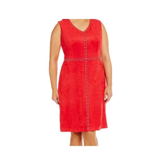 Peter Nygard Red Faux Suede Edge Lined Sheath Dress Studded US 16 Glam - Picture 3 of 10